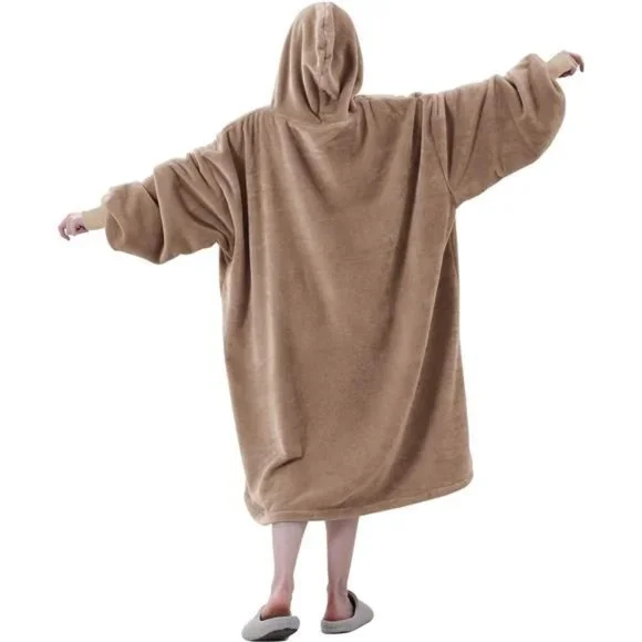 Oversized Flannel Wearable Blanket Hoodie for Adults, One Size Fits All, Camel